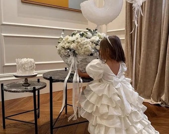 White Layered Tulle Elegant Wedding Winter Communion Baptism Birthday Flower Girl Long Gown Puff Sleeve Pageant Infant Toddler Girl Dress