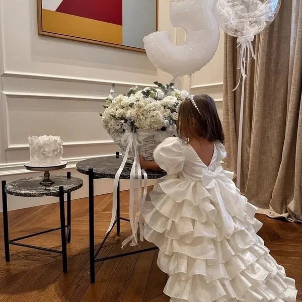 White Layered Tulle Elegant Wedding Winter Communion Baptism Birthday Flower Girl Long Gown Puff Sleeve Pageant Infant Toddler Girl Dress