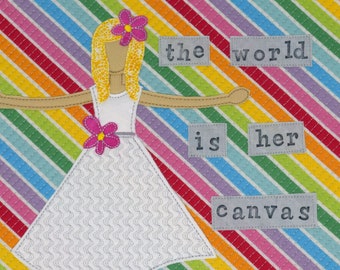 Giclee Print in White Mat of Original Quilt Art of The World is Her Canvas - Giclee Print
