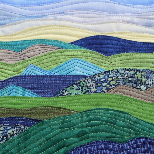 5X7 Print in 8X10 White Mat of Original Quilt Art of Mountains with Blue, Green, Yellow and Brown Fabrics and Detailed Stitching - Giclee