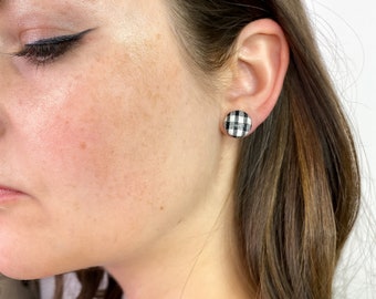 Mini Checked Gingham Fabric Covered Button Earrings-Handmade in PA