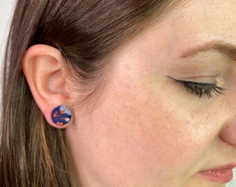Blue Floral Fabric Covered Button Earrings - Handmade in PA