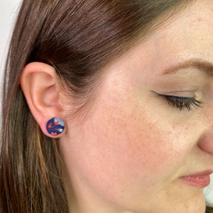 Blue Floral Fabric Covered Button Earrings - Handmade in PA