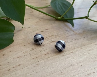 Checked Gingham Fabric Covered Button Earrings-Handmade in PA