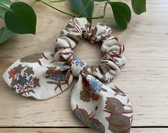 Vintage Tan and Orange Cotton Hair Scrunchie - Zero Waste - Remnants - Handmade in PA