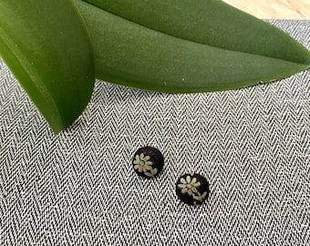 Black and Tan Floral Fabric Covered Button Earrings - Handmade in PA