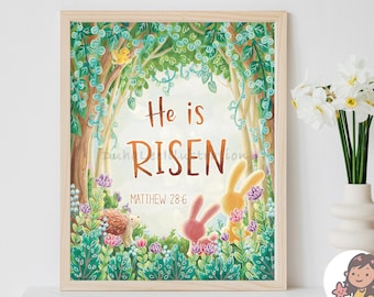 He is Risen Easter Printable Wall Art, Digital Easter Illustration, Easter Scripture quotes, Bible Verse Card, Matt 28:6, Christian Poster
