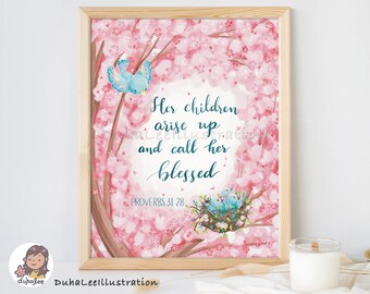 Printable Mother&#39;s Day Scripture Verse Wall Art, Christian Mothers Day Gift, Decoration Poster, Bible Verse Mothers Day Card, Proverbs 31:28