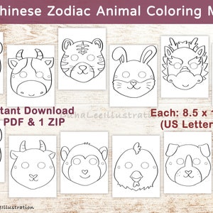 Printable 12 Chinese Zodiac Coloring Masks, Lunar New Year Kids Craft, Chinese Zodiac Animal Coloring Pages, CNY activity Digital Download