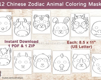 Printable 12 Chinese Zodiac Coloring Masks, Lunar New Year Kids Craft, Chinese Zodiac Animal Coloring Pages, CNY activity Digital Download