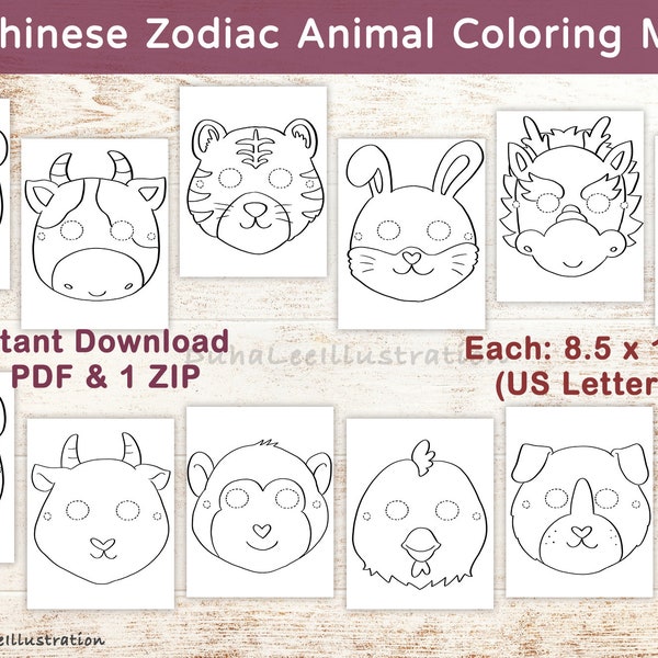 Printable 12 Chinese Zodiac Coloring Masks, Lunar New Year Kids Craft, Chinese Zodiac Animal Coloring Pages, CNY activity Digital Download