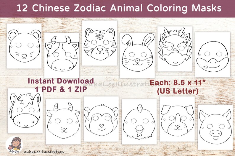 Printable 12 Chinese Zodiac Coloring Masks, Lunar New Year Kids Craft, Chinese Zodiac Animal ...