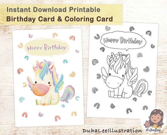 Printable Happy Birthday Unicorn Coloring Card Pastel | Etsy
