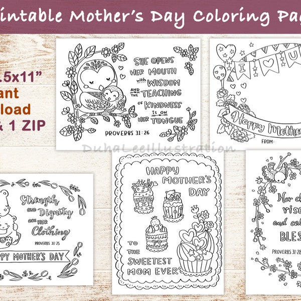Printable Mother's Day Bible Verse Coloring Pages, Mother's Day Scripture Card, Christian Kids Activity, Gifts for Mom, Sunday School Craft