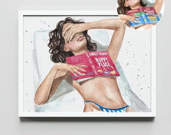 May include: A watercolor illustration of a person with dark hair lying down, covering their eyes with one hand while holding a pink book titled Happy Place by Emily Henry on their chest. The person wears blue and white striped swimwear.