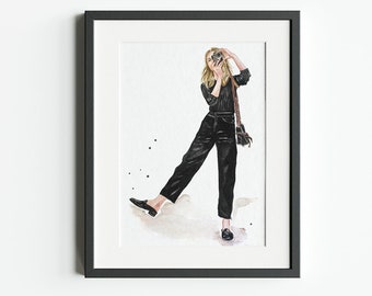 From New York with love.  Stylish girl with photo camera. Watercolor fashion wall art print. You can change the text or remove it.