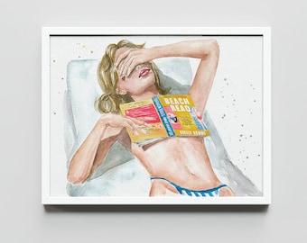 May include: A watercolor painting of a person lying on a beach chair with a book titled "Beach Read" by Emily Henry. The person is wearing a blue and white striped bikini and has their hand over their eyes.