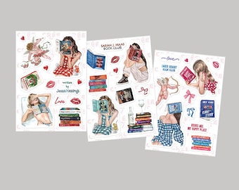 Pack of 3 sticker sheets | Jessa Hastings + Sarah J. Maas + Emily Henry books stickers