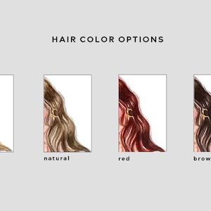 May include: Illustration showing four hair color options: blonde, natural, red, and brown. Each option features a partial view of a person's hair with a gold hair clip. The text "HAIR COLOR OPTIONS" is at the top.