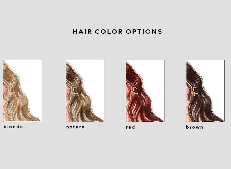 May include: Illustration showing four hair color options: blonde, natural, red, and brown. Each option features a partial view of a person's hair with a gold hair clip. The text "HAIR COLOR OPTIONS" is at the top.