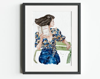 Woman read book in Paris. feminist book art, well read woman, french woman portrait, book shelf art