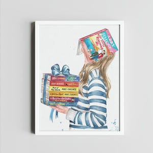 Könnte beinhalten: Eine Aquarell-Illustration einer Frau, die einen Stapel Bücher hält. Die Bücher sind alle von der gleichen Autorin, Abby Jimenez. Das oberste Buch trägt den Titel "Say You'll Remember Me".