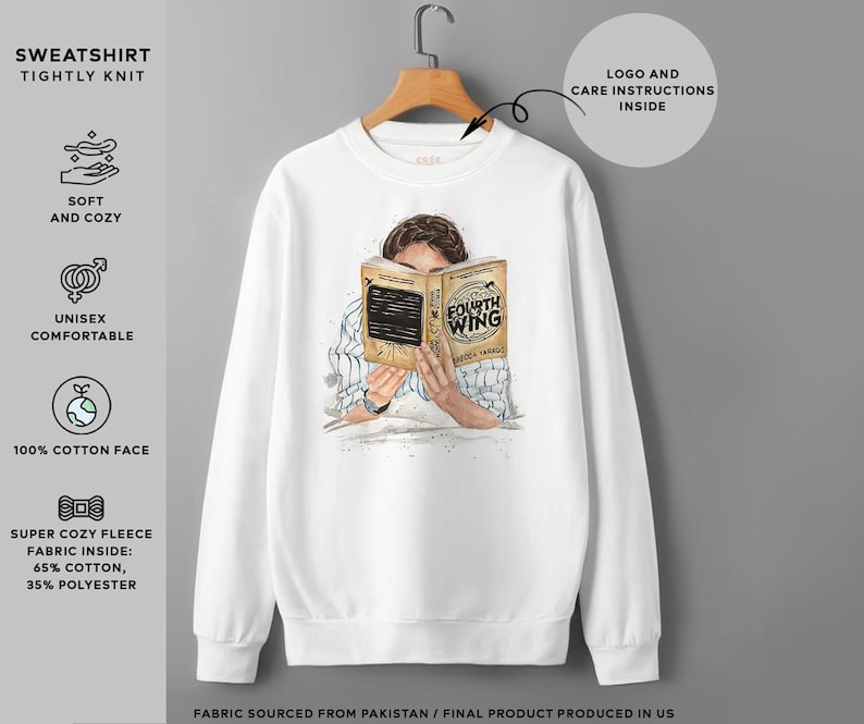 May include: White sweatshirt with a graphic of a person reading a book titled "Fourth Wing". The sweatshirt is made of a soft, cozy fleece fabric with 65% cotton and 35% polyester. The sweatshirt is unisex and made with 100% cotton face.