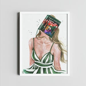 May include: A watercolour print featuring a person in a green and white striped dress, with the book "LEFT OF FOREVER" obscuring their face. The artwork is presented within a white frame.