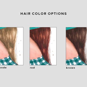 May include: Three illustrations of a woman's head and shoulders with different hair colors. The woman is wearing a blue and white checkered shirt and a turquoise hat. The hair colors are blonde, red, and brown.