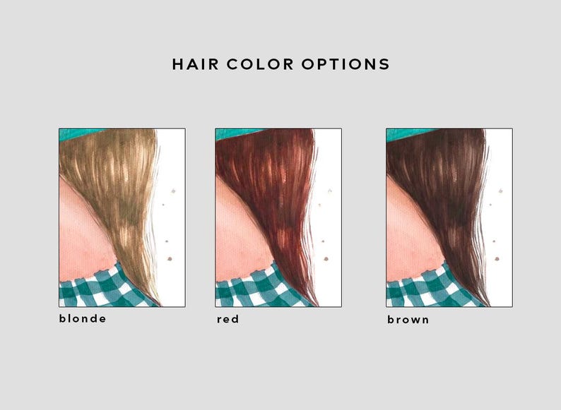 May include: Three illustrations of a woman's head and shoulders with different hair colors. The woman is wearing a blue and white checkered shirt and a turquoise hat. The hair colors are blonde, red, and brown.