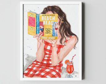 May include: A watercolor illustration of a person in a red and white gingham dress reading a book titled "Beach Read" by Emily Henry. The person is sitting in front of a glass of orange juice with a straw.