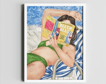 May include: A watercolor painting of a person relaxing by a pool, wearing a green swimsuit and reading a book titled "Beach Read" by Emily Henry.