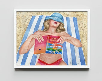 May include: A watercolor painting of a woman wearing a blue sun hat and a red bikini bottom, lying on a blue and white striped beach towel. She is reading a book titled "Just for the Summer" by Abby Jimenez.