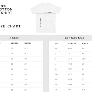 May include: Size chart for a 100% cotton t-shirt, showing measurements in inches and centimeters for sizes XS to 5XL.