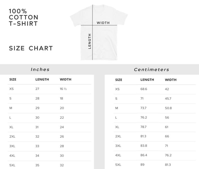 May include: Size chart for a 100% cotton t-shirt, showing measurements in inches and centimeters for sizes XS to 5XL.
