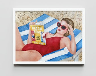 May include: A watercolor painting of a person in a red swimsuit lying on a striped beach chair and reading a book titled "Beach Read" by Emily Henry.