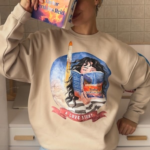 Atmosphere book beige sweatshirt | Taylor Jenkins Reid book UK & US cover options | hair color and skin options