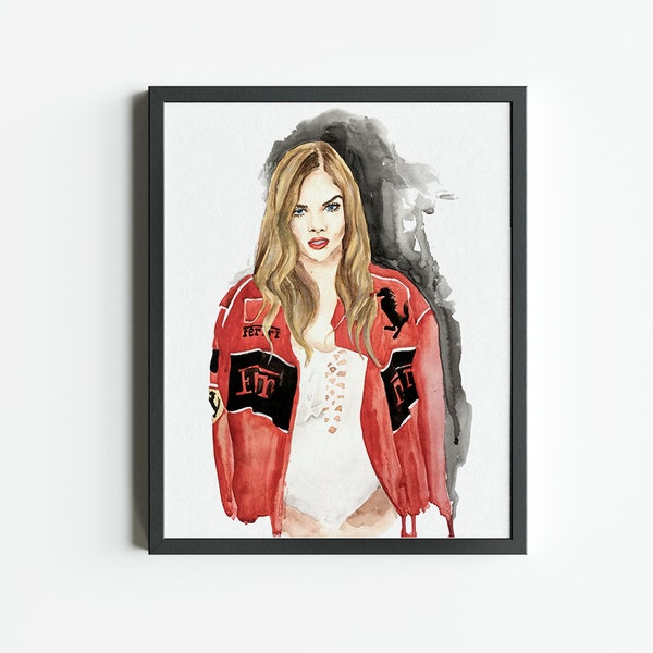 Ferrari girl art print | Ferrari poster | Fashion illustration wall art | Ferrari jacket art print  by Olga Cree