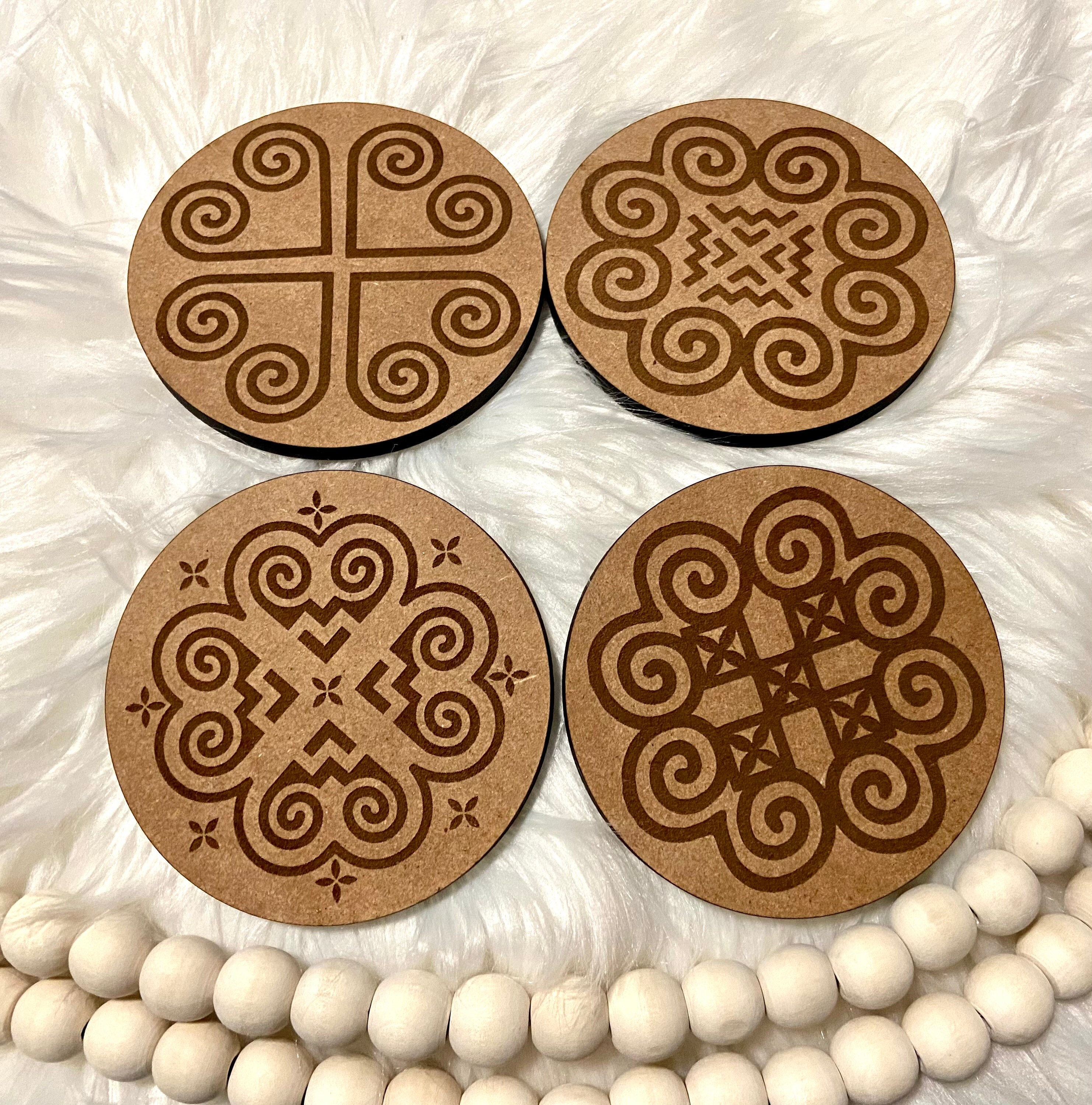 Hmong Coasters, Laser cut, engraved decor, set of 4, wooden coasters, gifts for friend, birthday present, Hmong glassware, for cups, drinks