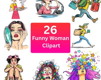 Zestaw zabawnych kobiecych clipartów: odważne grafiki PNG, do użytku komercyjnego