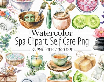 Könnte beinhalten: Aquarell-Spa-Clipart mit verschiedenen Selbstpflegeartikeln. Das Bild enthält eine Jaderolle, eine Gesichtsmaske, eine Augenmaske, ein Bad, Tee, Seife, Gurkenscheiben und eine Kerze. Der Text lautet "Watercolor Spa Clipart, Self Care Png".