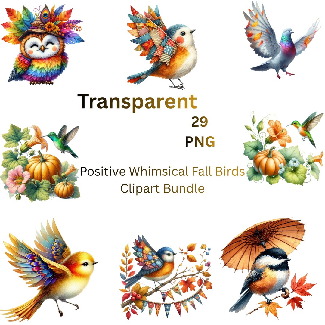 Whimsical Fall Birds Clipart PNG Bundle, 29 Autumn Bird Graphics, Cute ...