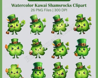 Kawaii Shamrocks Clipart – St. Patrick’s Day PNG Files (Digital Download)