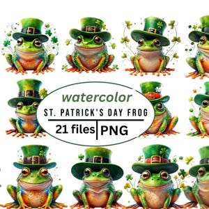 Pode incluir: Ilustração em aquarela de vários sapos verdes usando cartolas verdes com trevos. Os sapos têm barrigas laranja e brancas e são cercados por detalhes de trevos. A imagem inclui o texto "watercolor ST. PATRICK'S DAY FROG 21 files PNG".