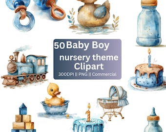 Blue Floral Baby Shower Clipart: Watercolor PNG (Digital Download)
