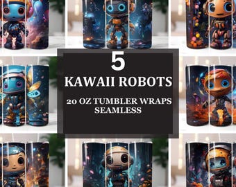 Kawaii Robot Tumbler Wraps | 5 Adorable Designs | 20oz Sublimation PNG Instant Download