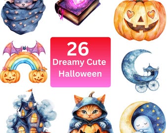 Pacchetto di clipart kawaii di Halloween: grafica PNG spettrale, uso commerciale