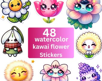 Kawaii Flower Stickers Bundle | 48 Cute Floral Clipart, Transparent PNG, Commercial Use, Printable Stickers for Crafts & Planners