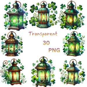 Puede incluir: Siete faroles decorativos verdes y dorados, cada uno con una vela o fuente de luz. Los faroles están adornados con tréboles y diseños florales. La imagen incluye el texto "Transparent 30 PNG".