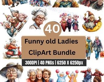 Funny Old Ladies Clipart: PNG Bundle for Crafts (40 Files Included)